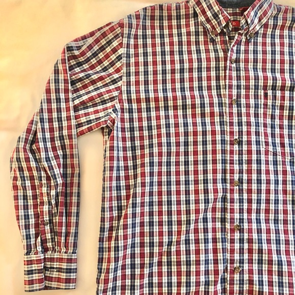 Men’s Izod Plaid Button Down, Medium Red and Blue - Picture 4 of 5